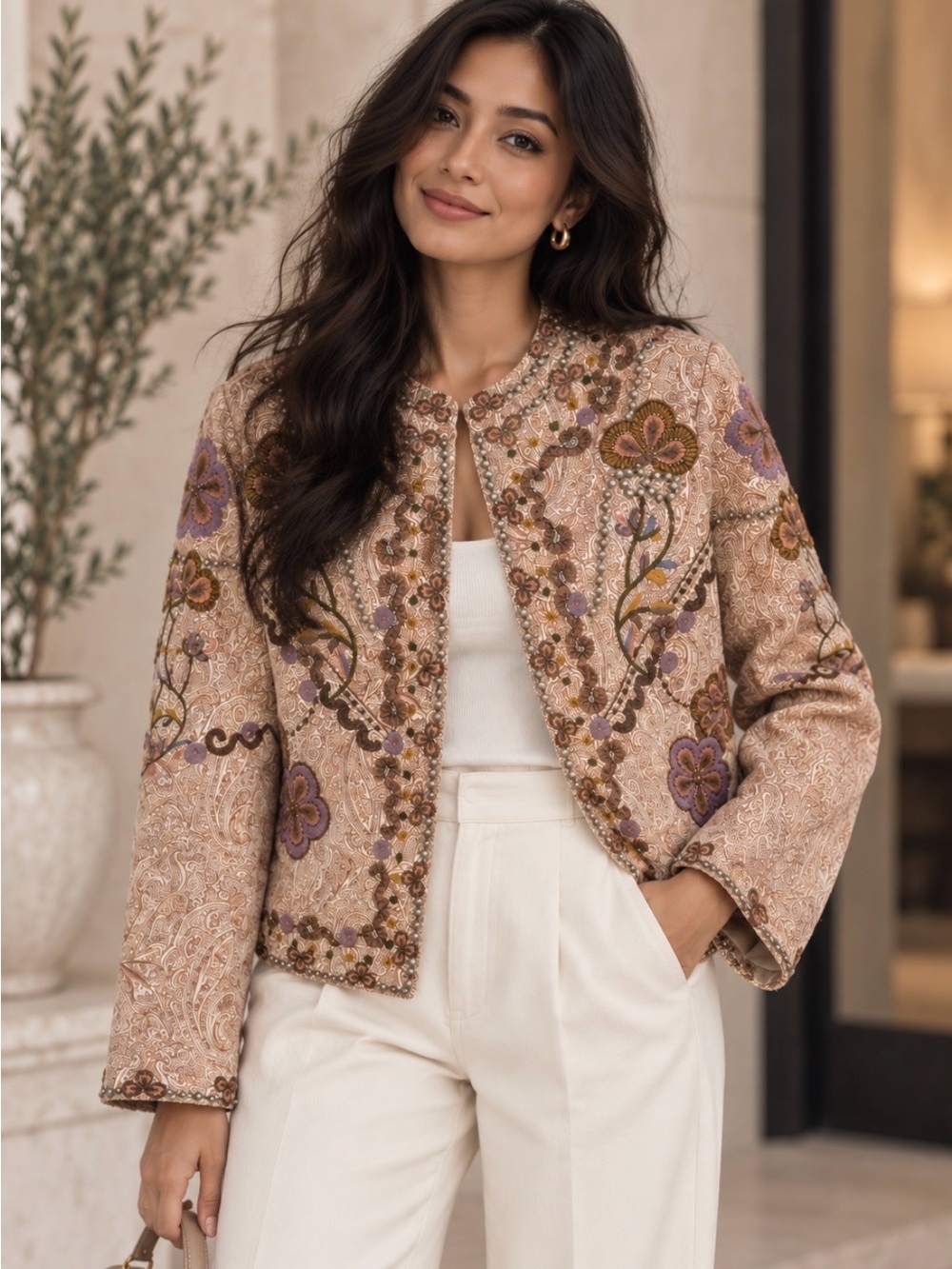 Zara embroidered paisley jacket in sand, blush pink with purple accents